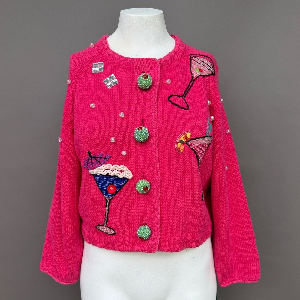 Michael Simon Vintage Pink Cocktail Beaded Cardigan Sweater Small Martini Olive